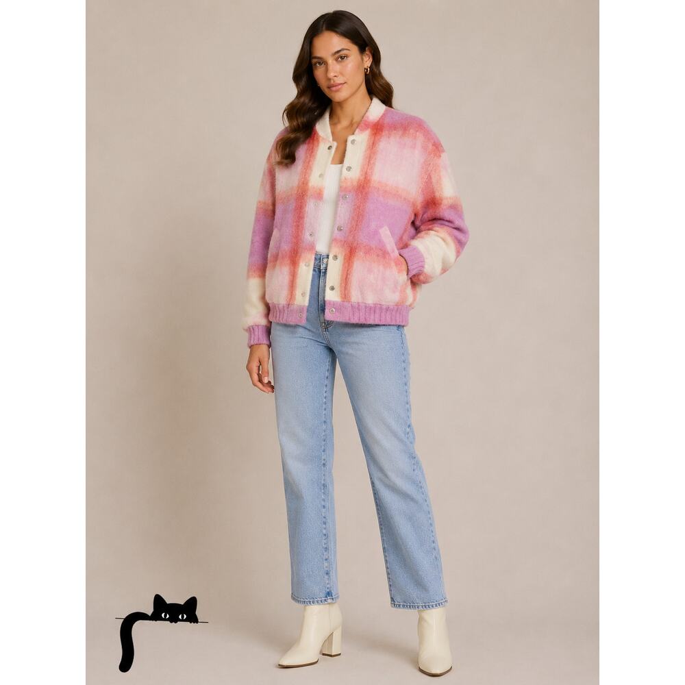 IRO Lahiana Biker Jacket Pink Tartan Plaid Long Sleeve Wool Bomber 40 / M - Picture 3 of 14